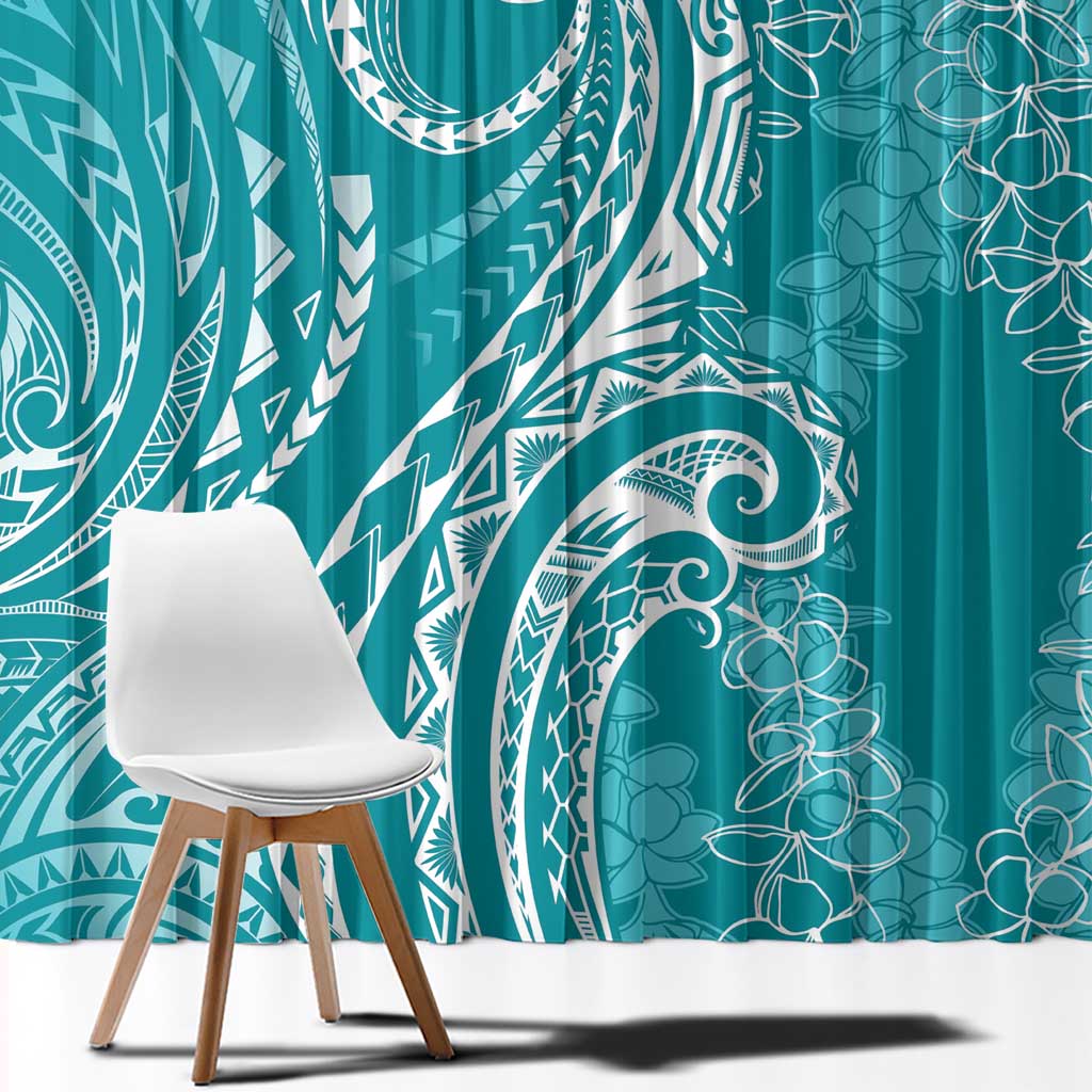 Polynesia Plumeria Lei Window Curtain Teal Curves Motif