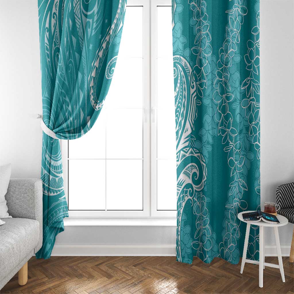 Polynesia Plumeria Lei Window Curtain Teal Curves Motif