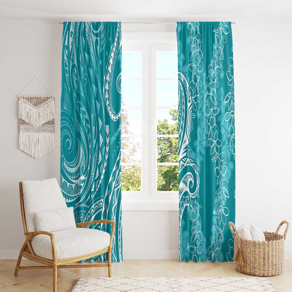 Polynesia Plumeria Lei Window Curtain Teal Curves Motif