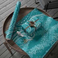 Polynesia Plumeria Lei Wrapping Paper Teal Curves Motif