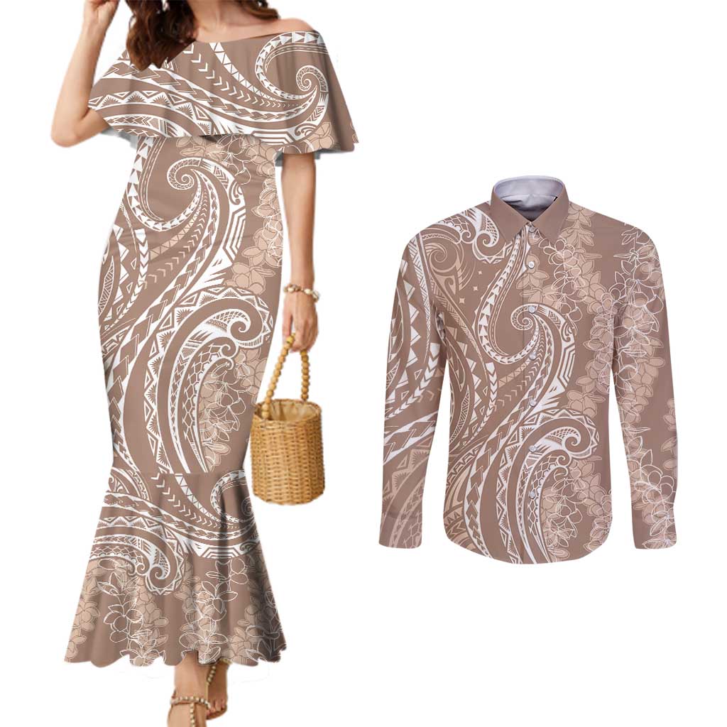 Polynesia Plumeria Lei Couples Matching Mermaid Dress and Long Sleeve Button Shirt Beige Curves Motif