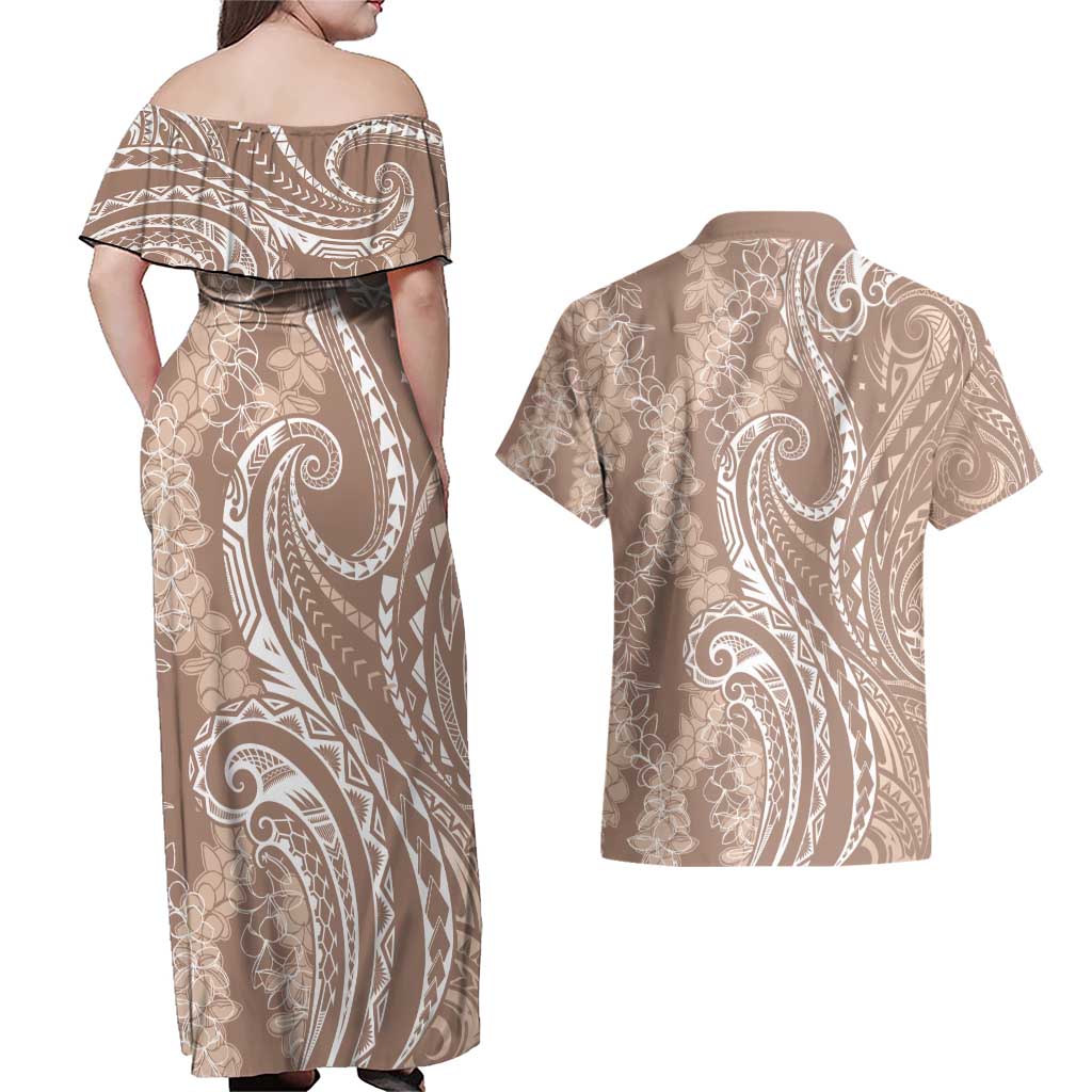 Polynesia Plumeria Lei Couples Matching Off Shoulder Maxi Dress and Hawaiian Shirt Beige Curves Motif