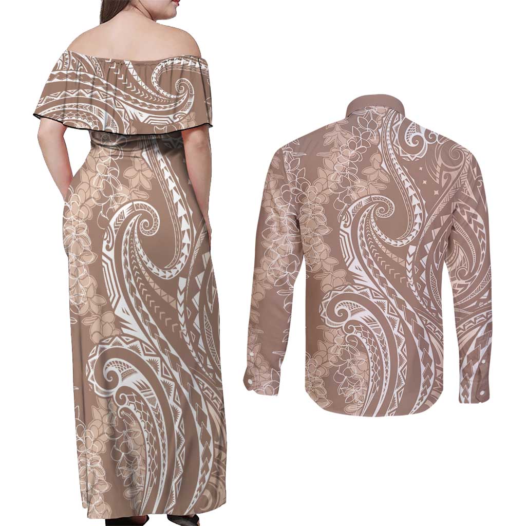 Polynesia Plumeria Lei Couples Matching Off Shoulder Maxi Dress and Long Sleeve Button Shirt Beige Curves Motif LT7 - Polynesian Pride