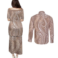 Polynesia Plumeria Lei Couples Matching Puletasi and Long Sleeve Button Shirt Beige Curves Motif