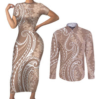Polynesia Plumeria Lei Couples Matching Short Sleeve Bodycon Dress and Long Sleeve Button Shirt Beige Curves Motif