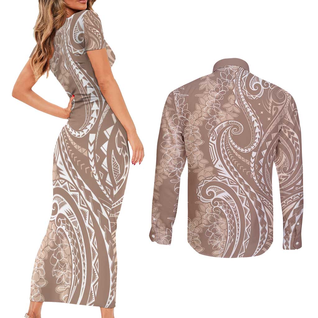 Polynesia Plumeria Lei Couples Matching Short Sleeve Bodycon Dress and Long Sleeve Button Shirt Beige Curves Motif