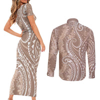 Polynesia Plumeria Lei Couples Matching Short Sleeve Bodycon Dress and Long Sleeve Button Shirt Beige Curves Motif