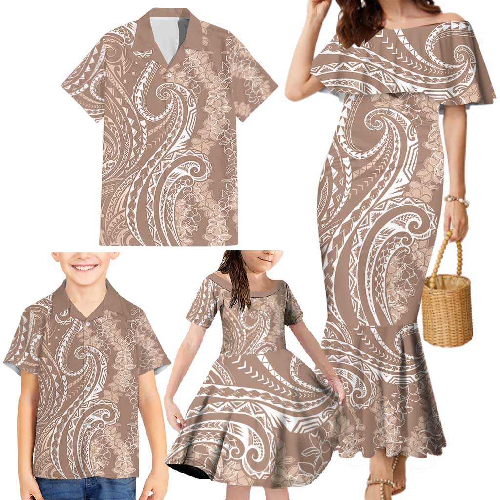 Polynesia Plumeria Lei Family Matching Mermaid Dress and Hawaiian Shirt Beige Curves Motif