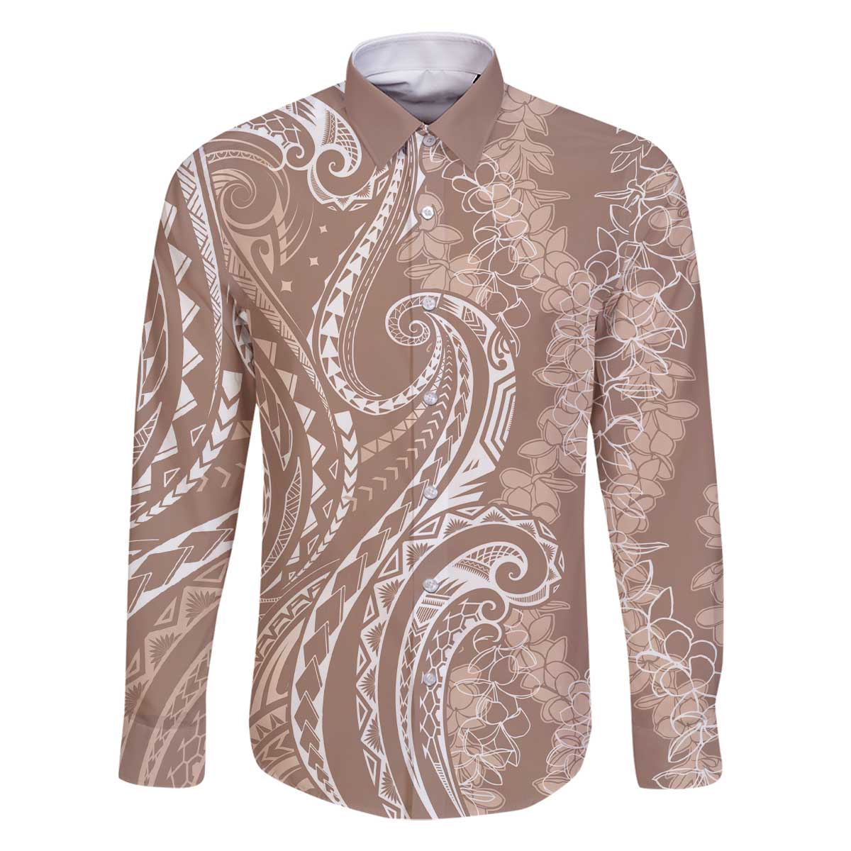 Polynesia Plumeria Lei Family Matching Off The Shoulder Long Sleeve Dress and Hawaiian Shirt Beige Curves Motif