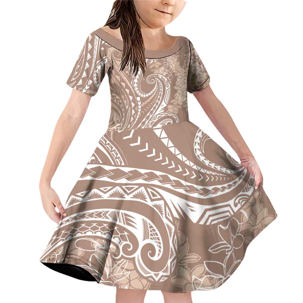 Polynesia Plumeria Lei Family Matching Off Shoulder Short Dress and Hawaiian Shirt Beige Curves Motif