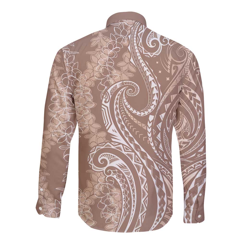 Polynesia Plumeria Lei Long Sleeve Button Shirt Beige Curves Motif