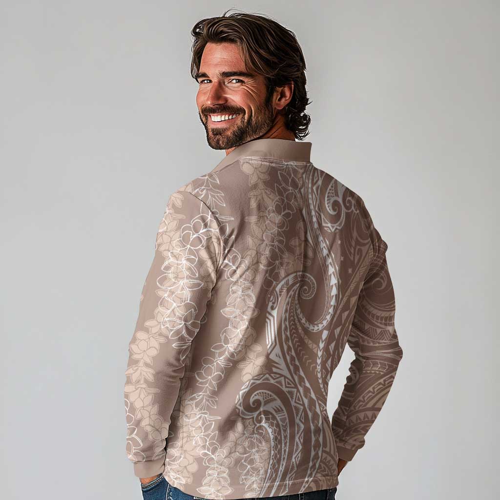 Polynesia Plumeria Lei Long Sleeve Polo Shirt Beige Curves Motif