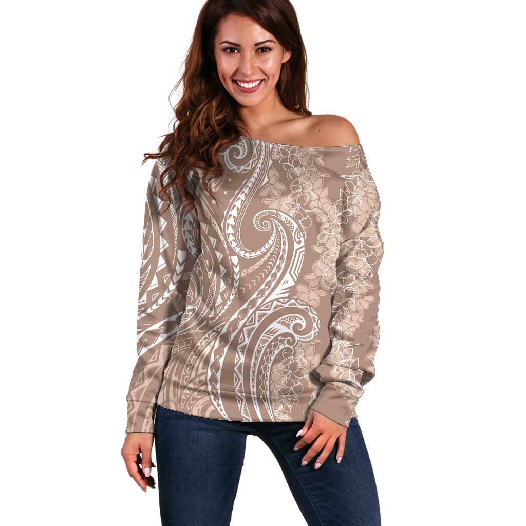 Polynesia Plumeria Lei Off Shoulder Sweater Beige Curves Motif
