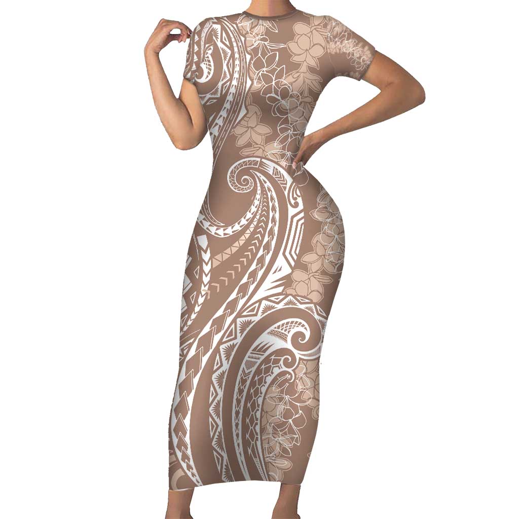 Polynesia Plumeria Lei Short Sleeve Bodycon Dress Beige Curves Motif