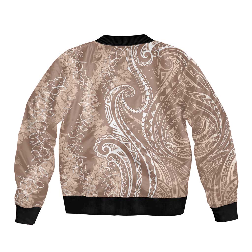 Polynesia Plumeria Lei Sleeve Zip Bomber Jacket Beige Curves Motif