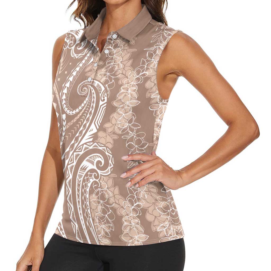 Polynesia Plumeria Lei Women Sleeveless Polo Shirt Beige Curves Motif