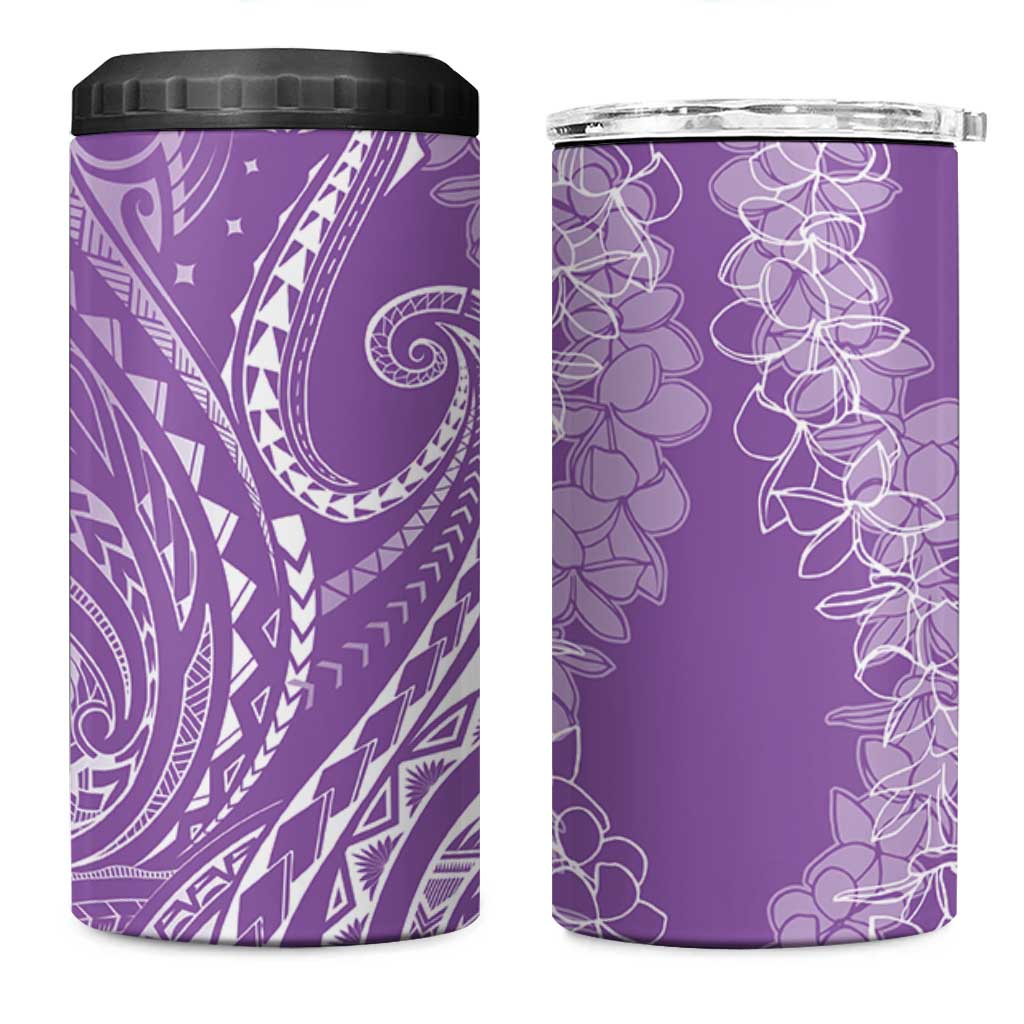 Polynesia Plumeria Lei 4 in 1 Can Cooler Tumbler Periwinkle Curves Motif