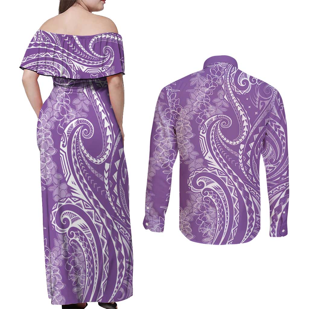Polynesia Plumeria Lei Couples Matching Off Shoulder Maxi Dress and Long Sleeve Button Shirt Periwinkle Curves Motif