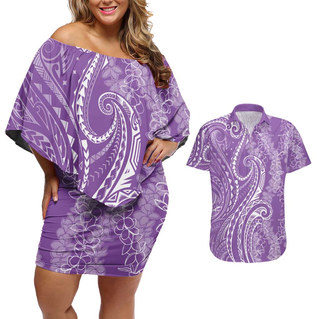 Polynesia Plumeria Lei Couples Matching Off Shoulder Short Dress and Hawaiian Shirt Periwinkle Curves Motif