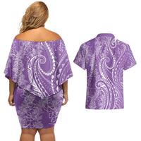 Polynesia Plumeria Lei Couples Matching Off Shoulder Short Dress and Hawaiian Shirt Periwinkle Curves Motif
