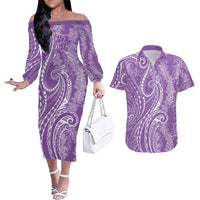 Polynesia Plumeria Lei Couples Matching Off The Shoulder Long Sleeve Dress and Hawaiian Shirt Periwinkle Curves Motif