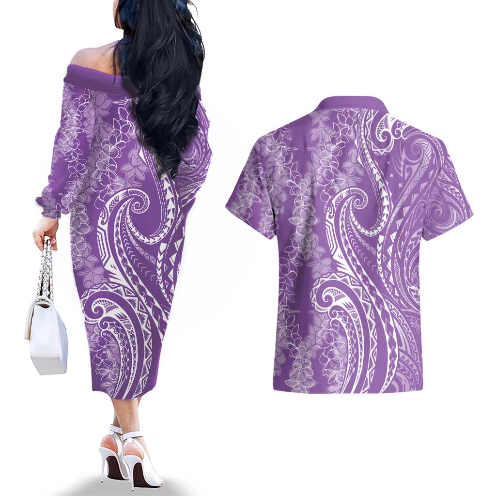 Polynesia Plumeria Lei Couples Matching Off The Shoulder Long Sleeve Dress and Hawaiian Shirt Periwinkle Curves Motif
