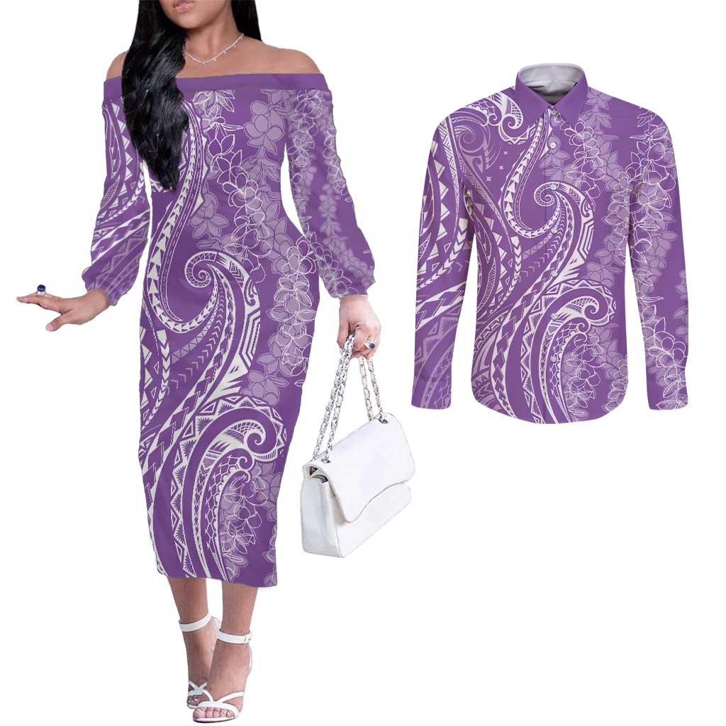 Polynesia Plumeria Lei Couples Matching Off The Shoulder Long Sleeve Dress and Long Sleeve Button Shirt Periwinkle Curves Motif LT7 Periwinkle - Polynesian Pride