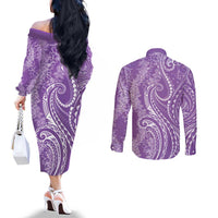 Polynesia Plumeria Lei Couples Matching Off The Shoulder Long Sleeve Dress and Long Sleeve Button Shirt Periwinkle Curves Motif LT7 - Polynesian Pride