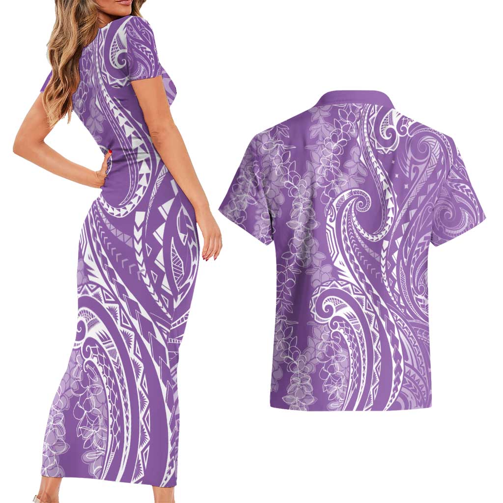 Polynesia Plumeria Lei Couples Matching Short Sleeve Bodycon Dress and Hawaiian Shirt Periwinkle Curves Motif