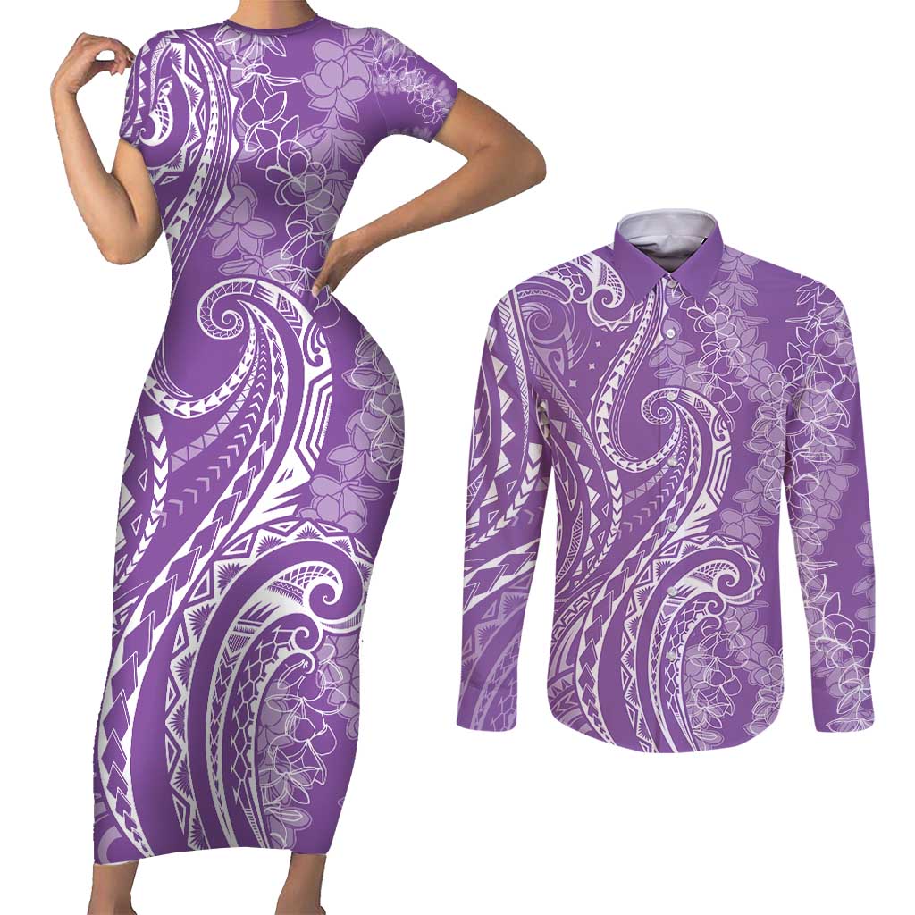 Polynesia Plumeria Lei Couples Matching Short Sleeve Bodycon Dress and Long Sleeve Button Shirt Periwinkle Curves Motif