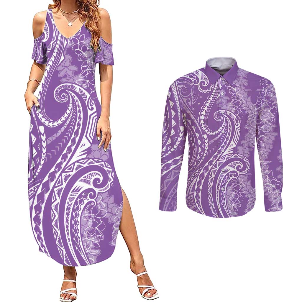 Polynesia Plumeria Lei Couples Matching Summer Maxi Dress and Long Sleeve Button Shirt Periwinkle Curves Motif