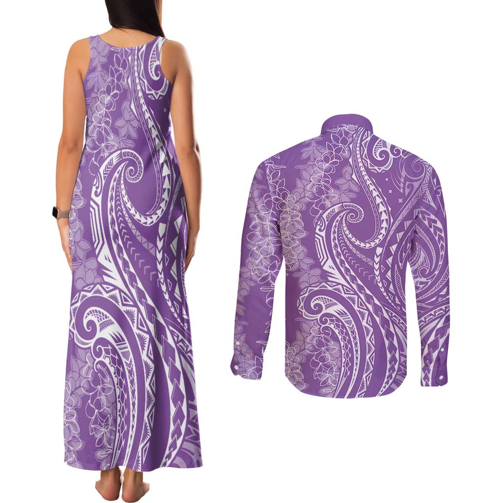 Polynesia Plumeria Lei Couples Matching Tank Maxi Dress and Long Sleeve Button Shirt Periwinkle Curves Motif