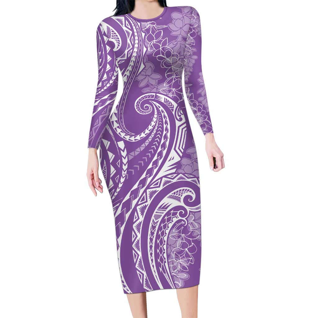 Polynesia Plumeria Lei Family Matching Long Sleeve Bodycon Dress and Hawaiian Shirt Periwinkle Curves Motif