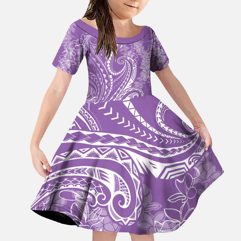 Polynesia Plumeria Lei Family Matching Off Shoulder Maxi Dress and Hawaiian Shirt Periwinkle Curves Motif LT7 Daughter's Dress Periwinkle - Polynesian Pride