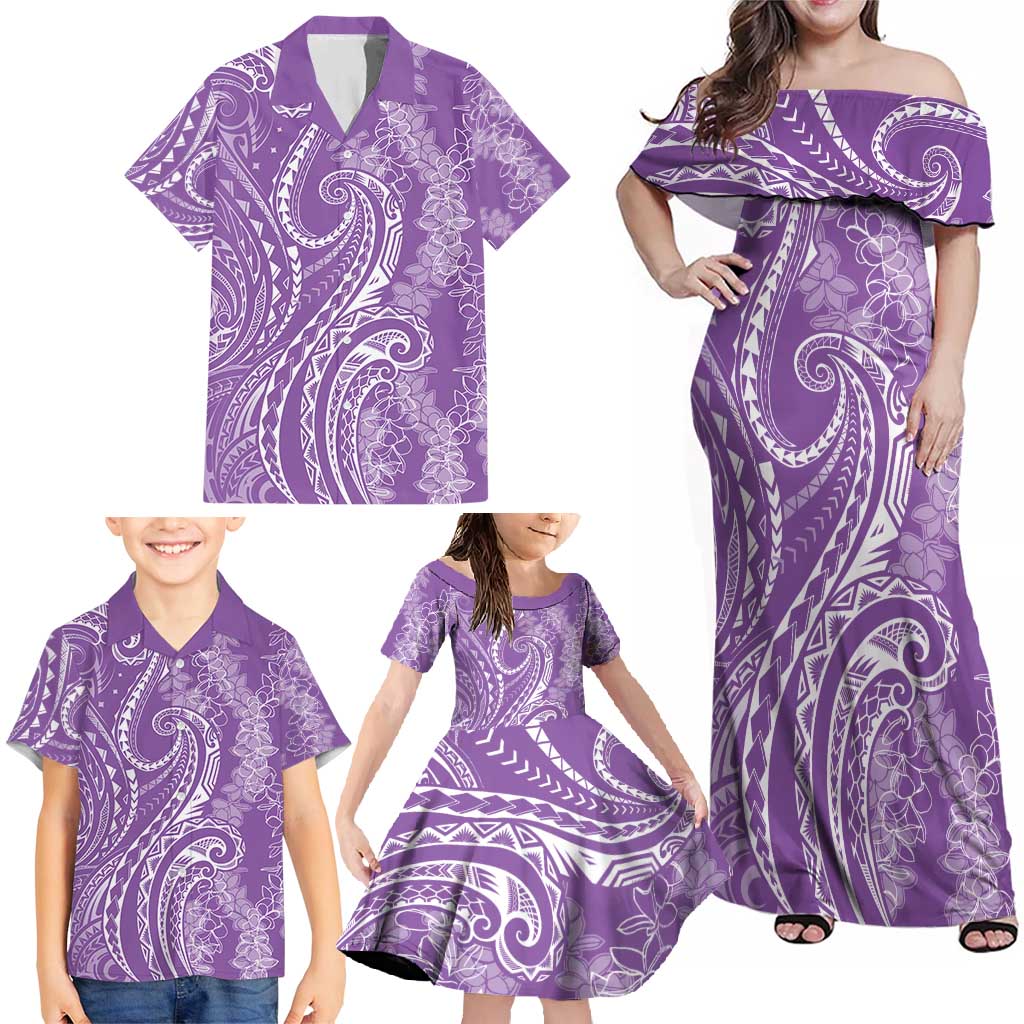 Polynesia Plumeria Lei Family Matching Off Shoulder Maxi Dress and Hawaiian Shirt Periwinkle Curves Motif