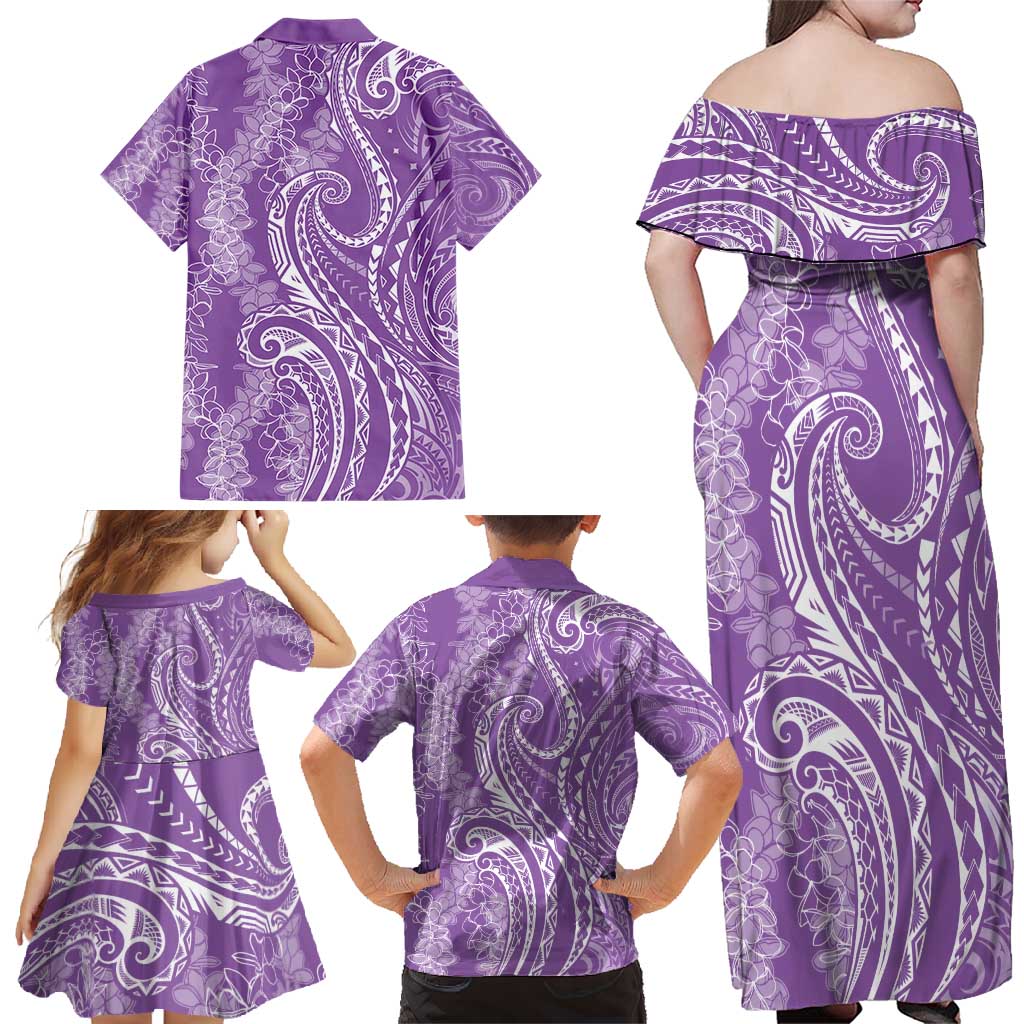 Polynesia Plumeria Lei Family Matching Off Shoulder Maxi Dress and Hawaiian Shirt Periwinkle Curves Motif LT7 - Polynesian Pride
