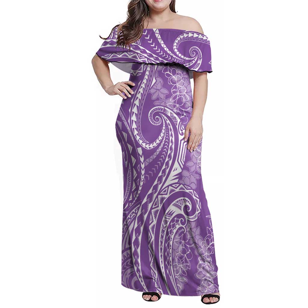 Polynesia Plumeria Lei Family Matching Off Shoulder Maxi Dress and Hawaiian Shirt Periwinkle Curves Motif LT7 Mom's Dress Periwinkle - Polynesian Pride
