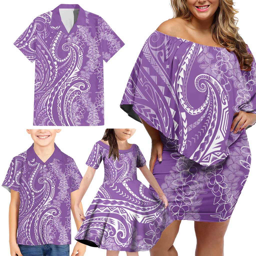 Polynesia Plumeria Lei Family Matching Off Shoulder Short Dress and Hawaiian Shirt Periwinkle Curves Motif LT7 - Polynesian Pride