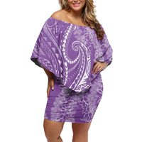 Polynesia Plumeria Lei Family Matching Off Shoulder Short Dress and Hawaiian Shirt Periwinkle Curves Motif LT7 Mom's Dress Periwinkle - Polynesian Pride