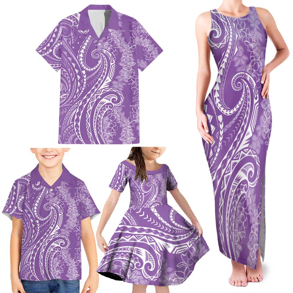 Polynesia Plumeria Lei Family Matching Tank Maxi Dress and Hawaiian Shirt Periwinkle Curves Motif