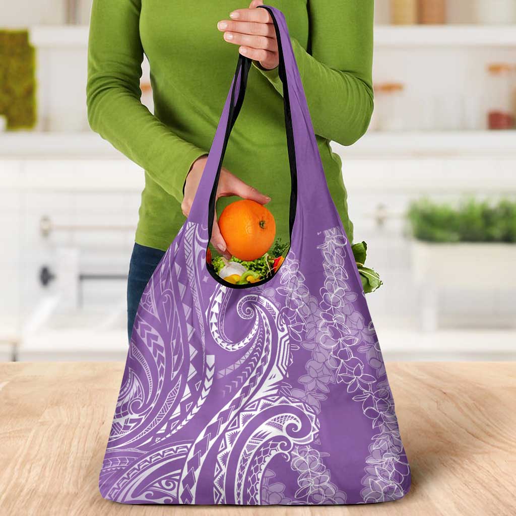 Polynesia Plumeria Lei Grocery Bag Periwinkle Curves Motif