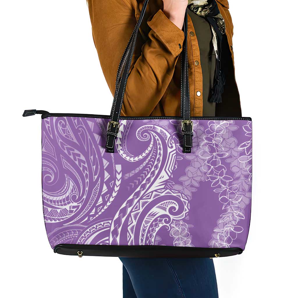 Polynesia Plumeria Lei Leather Tote Bag Periwinkle Curves Motif