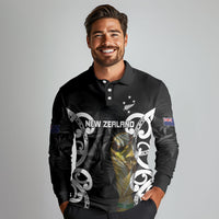 New Zealand WC2026 Custom Black Long Sleeve Polo Shirt Silver Fern LT7 - Polynesian Pride