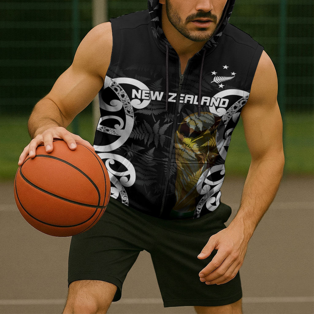 New Zealand WC2026 Custom Black Sleeveless Zip Hoodie Silver Fern LT7 - Polynesian Pride