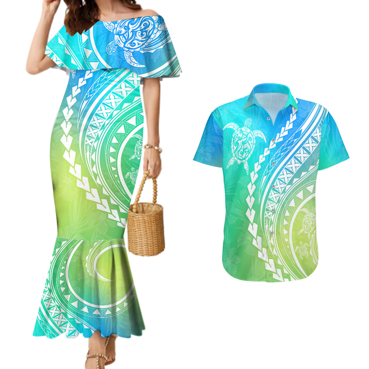 Polynesian Pride Couples Matching Mermaid Dress and Hawaiian Shirt Turtle Hibiscus Luxury Style - Gradient Blue LT7 Blue Green - Polynesian Pride