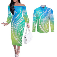 Polynesian Pride Couples Matching Off The Shoulder Long Sleeve Dress and Long Sleeve Button Shirts Turtle Hibiscus Luxury Style - Gradient Blue LT7 Blue Green - Polynesian Pride