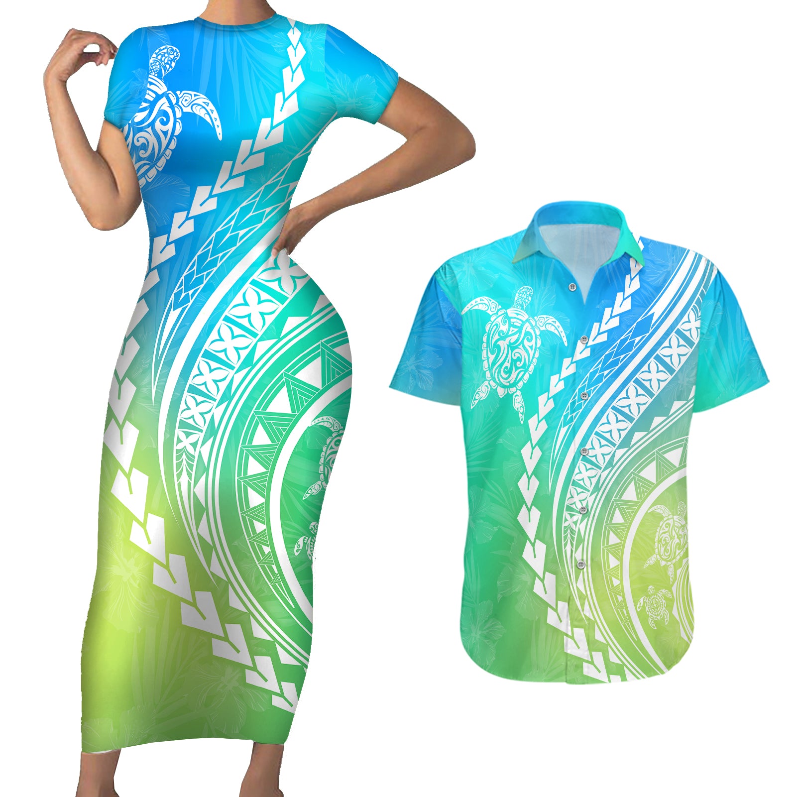 Polynesian Pride Couples Matching Short Sleeve Bodycon Dress and Hawaiian Shirt Turtle Hibiscus Luxury Style - Gradient Blue LT7 Blue Green - Polynesian Pride