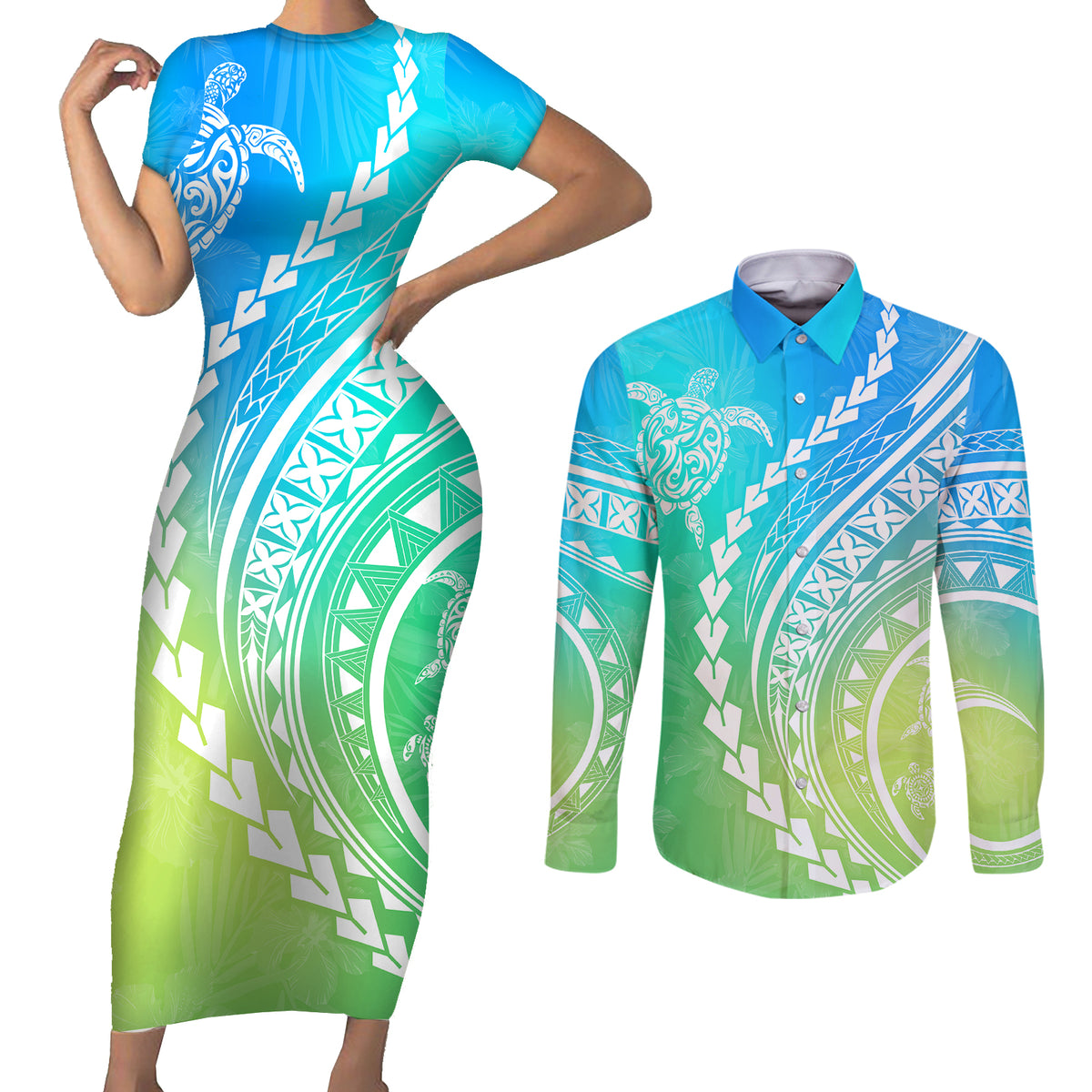 Polynesian Pride Couples Matching Short Sleeve Bodycon Dress and Long Sleeve Button Shirts Turtle Hibiscus Luxury Style - Gradient Blue LT7 Blue Green - Polynesian Pride