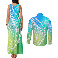 Polynesian Pride Couples Matching Tank Maxi Dress and Long Sleeve Button Shirts Turtle Hibiscus Luxury Style - Gradient Blue LT7 - Polynesian Pride
