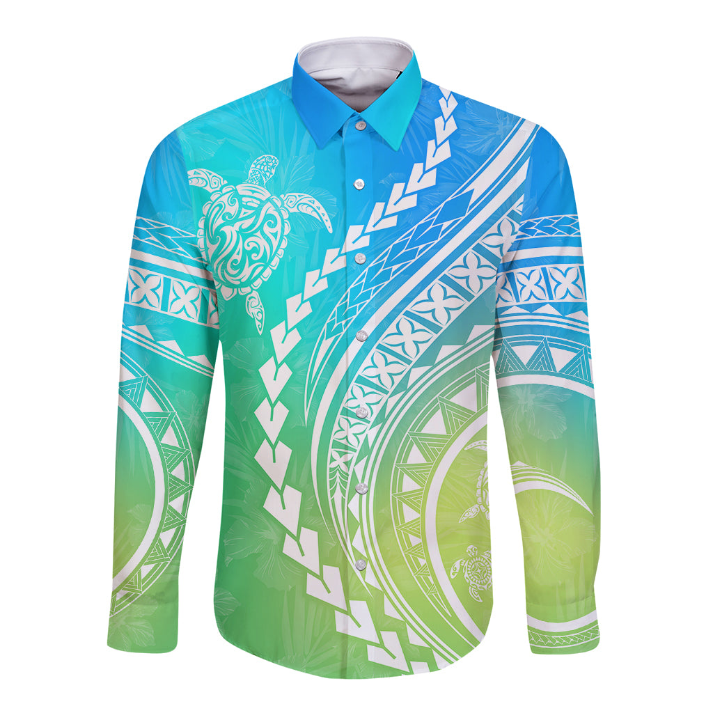 Polynesian Pride Long Sleeve Button Shirt Turtle Hibiscus Luxury Style - Gradient Blue LT7 Unisex Blue Green - Polynesian Pride